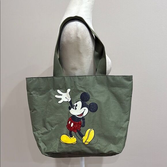 Disney Mickey Mouse Olive Green Sequined Vinyl Large Tote Bag - Picture 1 of 8